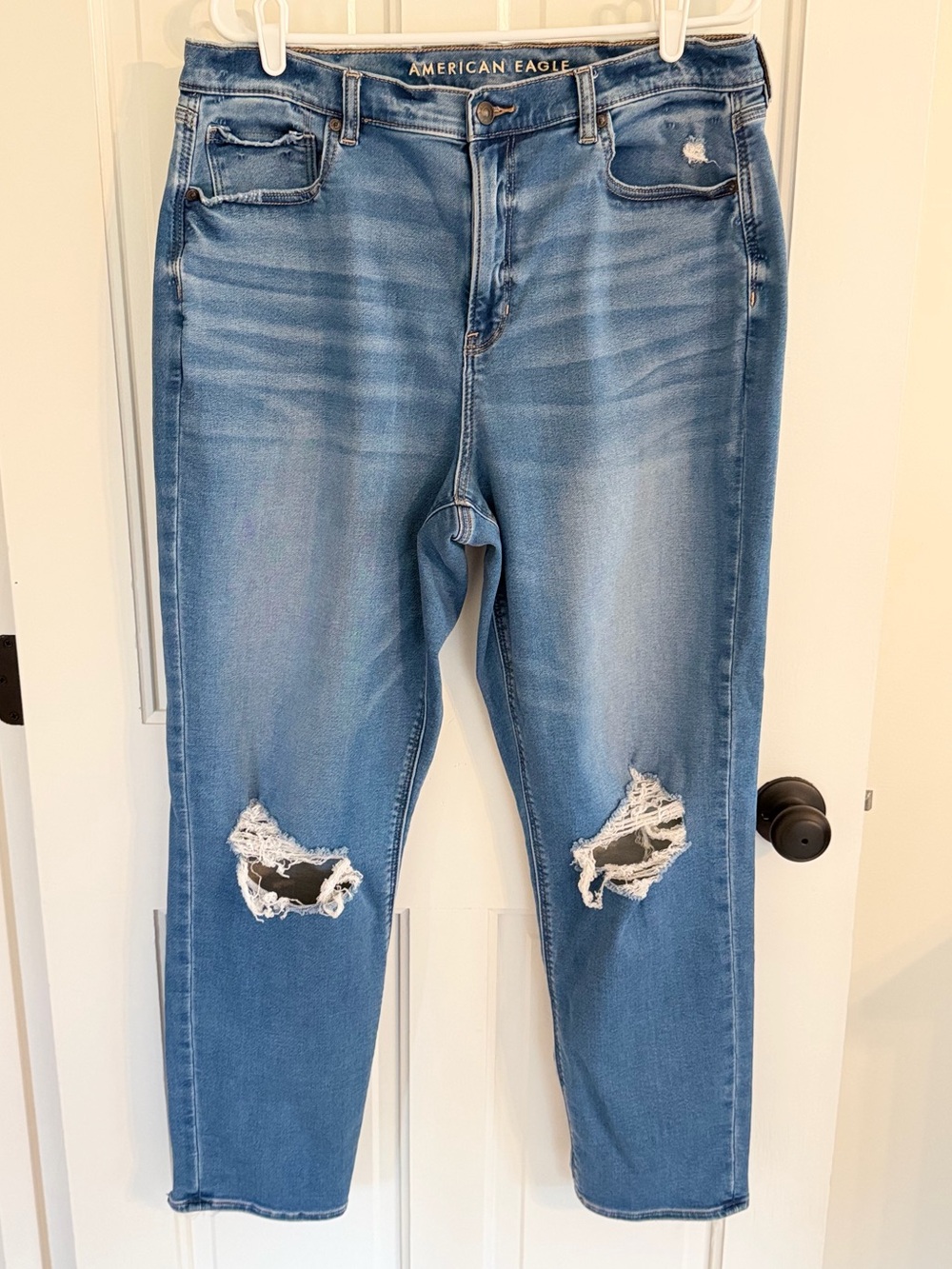 American Eagle Mom Jeans 16 Long High Rise Distressed Stretch Denim